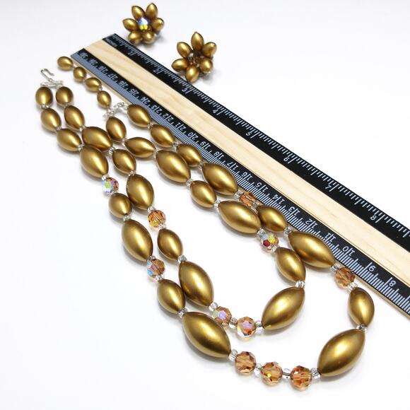 Vintage Gold Pearled & Crystal Beaded Necklace, Matching Clip Earrings, 1950 - Picture 4 of 10